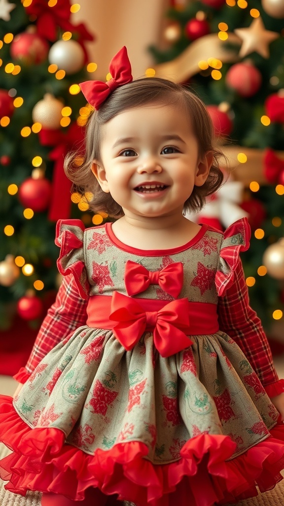 A toddler girl in a colorful Christmas dress, smiling amidst holiday decorations.